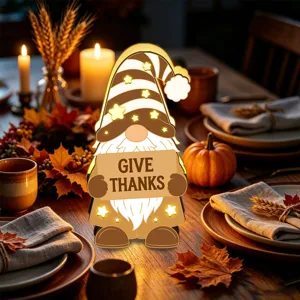 Veilleuse LED gnome en bois pour Thanksgiving decoration de table avec etoiles lumineuses.