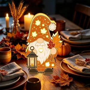 Veilleuse LED gnome en bois pour Thanksgiving décoration de table avec feuilles d'érable.