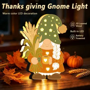 Veilleuse gnome Thanksgiving en bois avec LED lumiere chaude et alimentation a piles.