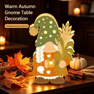 Veilleuse LED Gnome d'Automne Décoration de Table en Bois pour Fête de Thanksgiving