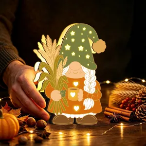 Veilleuse LED gnome en bois automne Thanksgiving deco de table avec ble de recolte.
