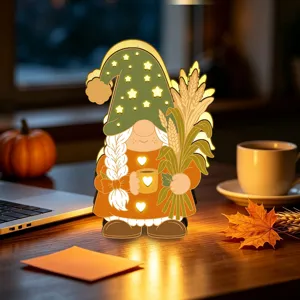Veilleuse LED en bois Gnome d'automne Décoration de table Thanksgiving Ornement festif