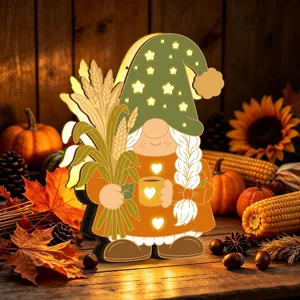 Veilleuse LED Gnome en Bois Decoration Fete des Recoltes Automne Bureau Lampe Deco
