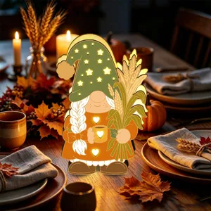 Veilleuse LED gnome en bois Thanksgiving détail, jolie décoration de table automne.