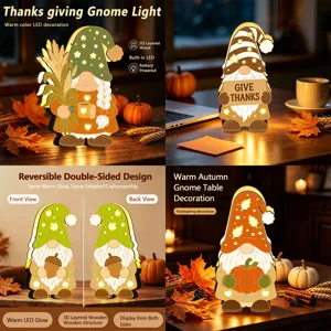 Ornement de Table Veilleuse Gnome en Bois Thanksgiving avec Citrouille d'Automne et Feuilles d'Érable Lumière LED Décor de Bureau