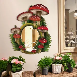 Mushroom wooden wall mirror detail, bohemian decorative mirror for home bedroom decor.