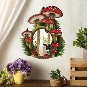 Bohemian mushroom decorative wall mirror, cute botanical acrylic hanging mirror for bedroom decor.