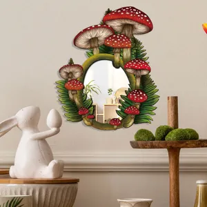 Detail view of boho mushroom wall mirror decorated with fern leaves, perfect room decor.