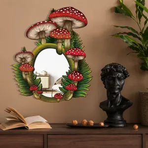 Boho wooden wall mirror mushroom fern design decorative acrylic mirror for bedroom home decor