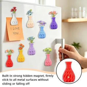 Close-up details of colorful 3D magnetic vase fridge magnets attached on metal surface.
