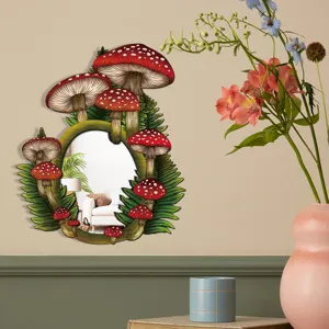 Bohemian wooden mushroom wall mirror, cute toadstool acrylic hanging mirror for home decor.