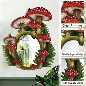 Boho wooden mushroom mirror, decorative wall hanging art, unique acrylic mirror for bedroom home decor.