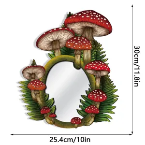 Boho mushroom decorative mirror with fern leaves, wall hanging acrylic mirror, 30x25.4cm.