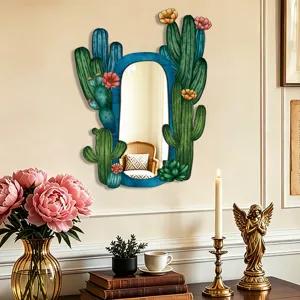 Bohemian Wooden Cactus Wall Mirror Aesthetic Room Decor Boho Acrylic Mirror for Bedroom