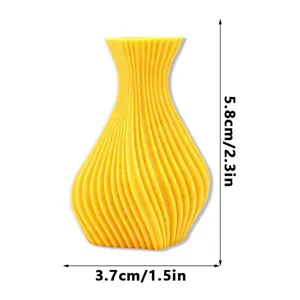 Primo piano del mini vaso magnetico per frigorifero stampato in 3D giallo con dimensioni.
