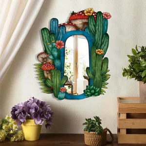 Boho wooden wall mirror with cactus and mushroom pattern, perfect bedroom home decor detail.