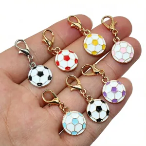 Alloy soccer ball charms with lobster clasps, colorful DIY jewelry pendants for crafting.