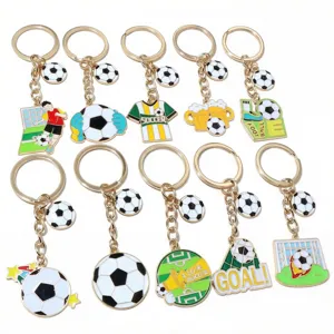 Detailed view of various football soccer theme enamel metal keychains with 25mm split ring.