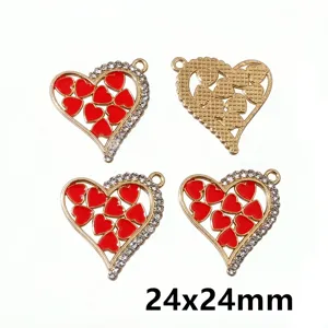 Detail shot of alloy oil-dropping heart pendant with rhinestones, DIY jewelry accessory.