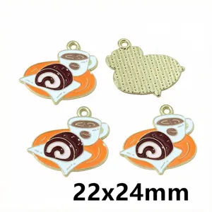 Enamel coffee cup and Swiss roll alloy charms, 22x24mm DIY jewelry making pendants for craft.
