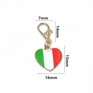 Detail view of alloy enamel heart Italian flag pendant charm with lobster clasp, jewelry making.