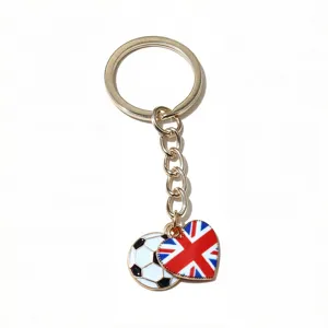 Gold alloy keychain featuring a soccer ball and UK flag heart drip oil pendant, 25mm ring.