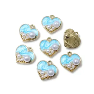Drip oil alloy faux pearl heart pendant charm jewelry making accessories detailed close up view