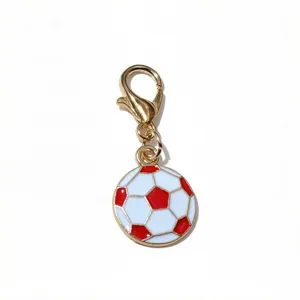 Alloy soccer ball pendant with lobster clasp, red and white enamel DIY jewelry accessory.