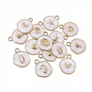 White alloy enamel marine charms featuring shells and starfish, perfect for DIY jewelry and crafts.