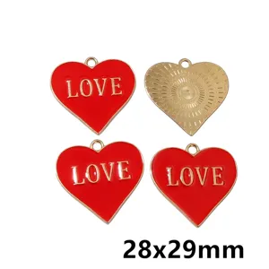 Red Enamel Love Heart Alloy Pendant DIY Jewelry Making Accessories 28x29mm Charms