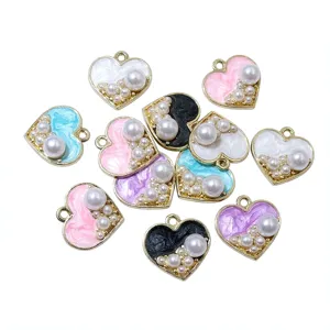 Drip oil alloy artificial pearl heart pendant charm for bracelet earrings DIY jewelry making.