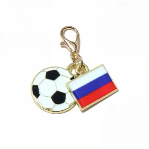 Alloy soccer ball and flag enamel keychain pendant with lobster clasp for DIY jewelry making.
