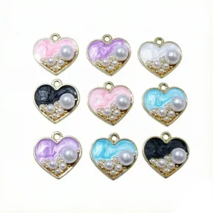 Drip Oil Zinc Alloy Artificial Pearl Heart Pendant Charm DIY Jewelry Accessories For Bracelet And Earrings