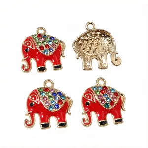 Detailed view of red enamel rhinestone elephant charms DIY handmade jewelry making accessories.