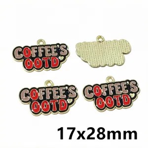 Alloy coffee theme DIY jewelry pendant detail view, showing enamel texture and size specs.