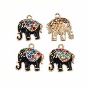 Detailed view of alloy elephant pendant with colorful rhinestones and black enamel craft.