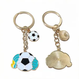 Detailed view of metal alloy football keychain with enamel finish, featuring 25mm ring.