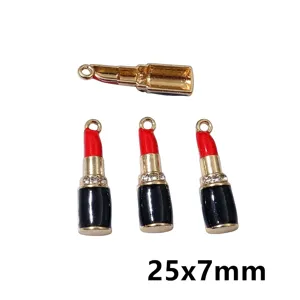 Detailed view of alloy lipstick charms with red enamel, black base, and rhinestones, 25x7mm size.