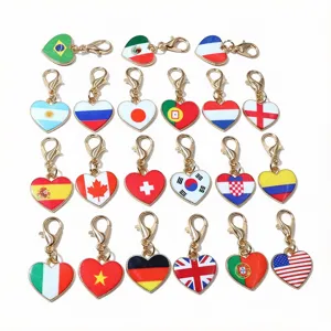 Heart-shaped flag pendants with lobster clasps, metal alloy DIY jewelry accessories.