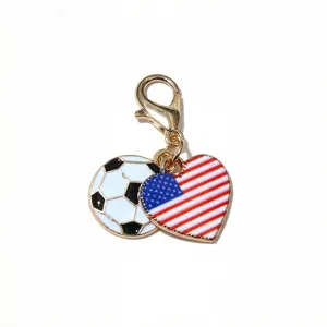 Alloy American flag heart and football pendant keychain with lobster clasp for DIY jewelry making.