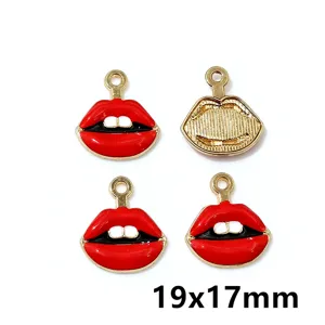 Close-up details of red lip enamel alloy charms, perfect for DIY jewelry making and crafts.