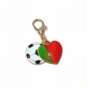 Alloy football pendant with Portugal flag heart charm and lobster clasp for DIY jewelry making.