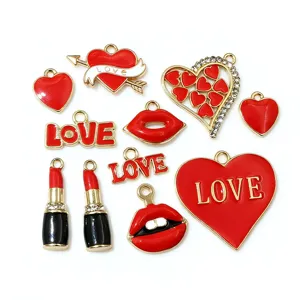 Alloy red heart and lips charm detail, valentine jewelry making accessories, DIY pendant set.