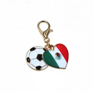 Alloy football and Mexico flag heart charm pendant with lobster clasp for DIY jewelry.