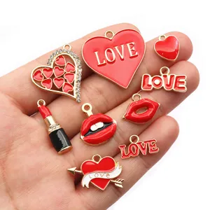 Enamel Red Heart Lips Love Charms Alloy DIY Jewelry Pendants for Necklace Bracelet Earrings