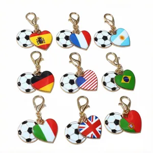 Alloy enamel football and heart national flag charms with lobster clasp DIY keychains.