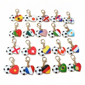 Alloy soccer and heart national flag pendants with lobster clasps for DIY jewelry making.