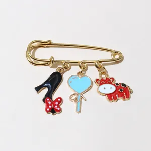 Stainless steel safety pin brooch with cute charms gold plated fashion jewelry gift for women.