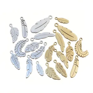 Stainless steel feather pendants and charms for DIY jewelry making, necklaces, and keychains.