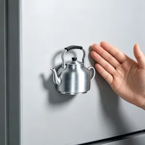 Close-up view of the 3D retro kettle fridge magnet displaying fine metallic texture and details.